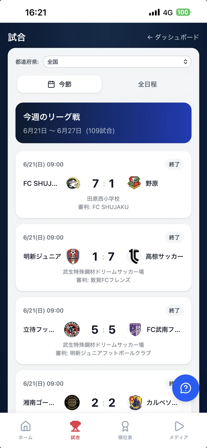 プレミアリーグU-11 専用アプリの試合一覧画面。全国の今節の試合結果とスコアが並んでいる