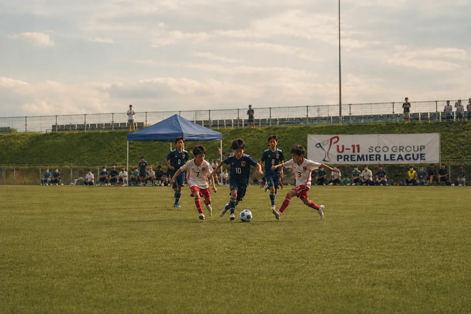 プレミアリーグU-11のリーグ戦でプレーする小学生の選手たち